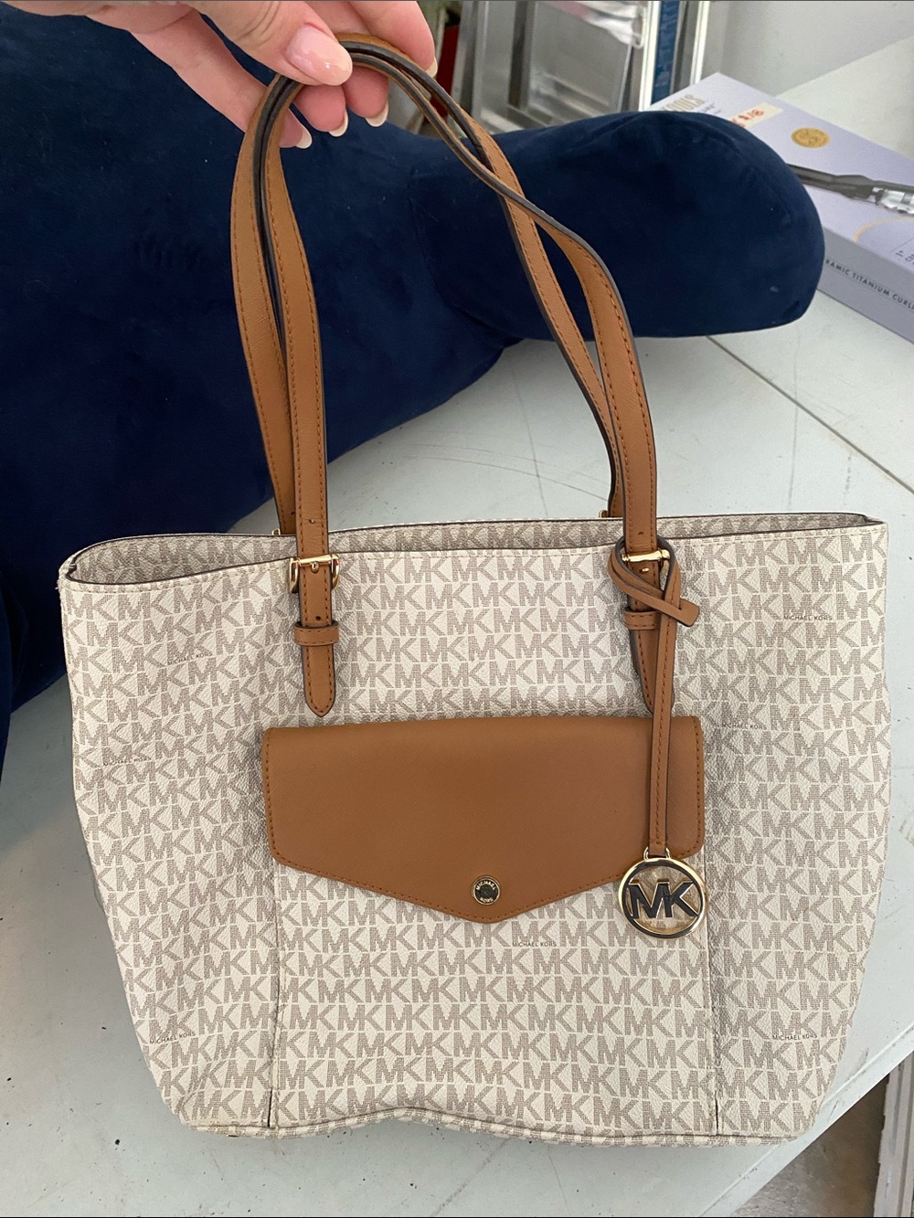Michael Kors Beige Signature Tote with Tan Leather Trim